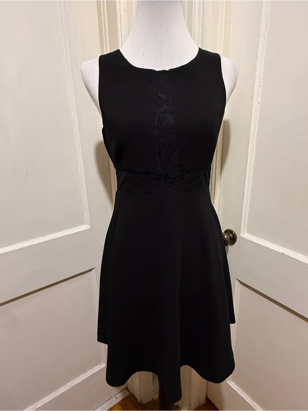 BCBGeneration Black Sleeveless Fit-and-Flare Dress with Lace Trim